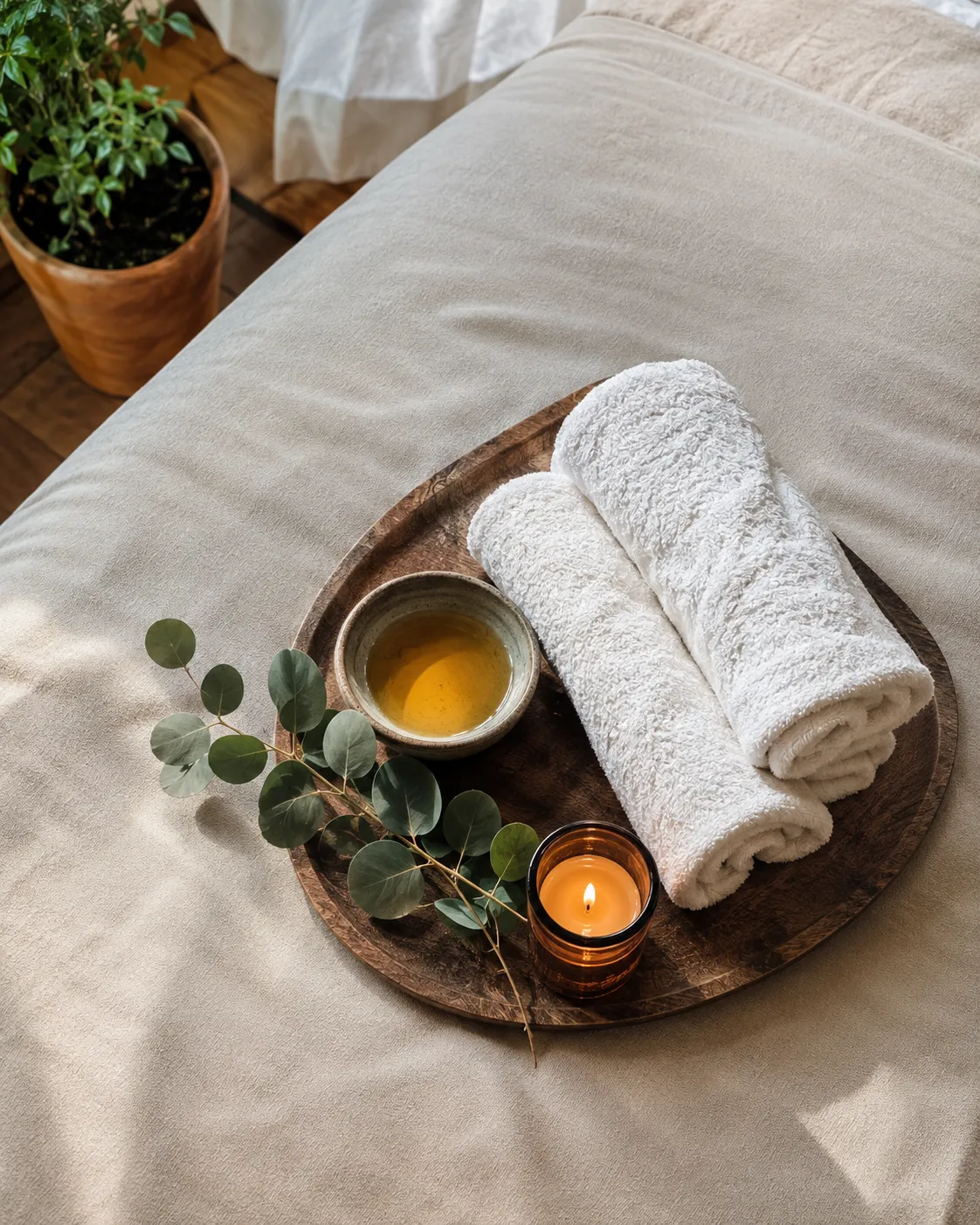 Spa towels and candle flatlay